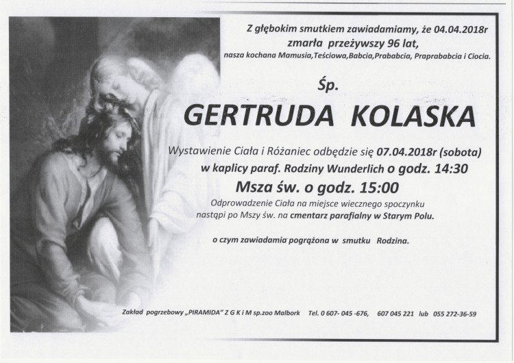 Zmarła Gertruda Kolaska. Żyła 96 lat.