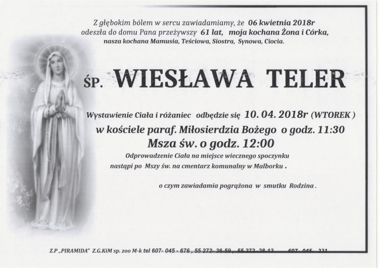 Zmarła Wiesława Teler. Żyła 61 lat