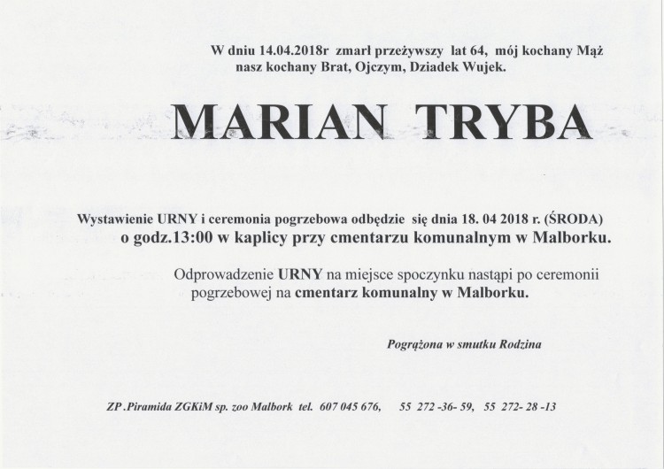 Zmarł Marian Tryba. Żył 64 lat