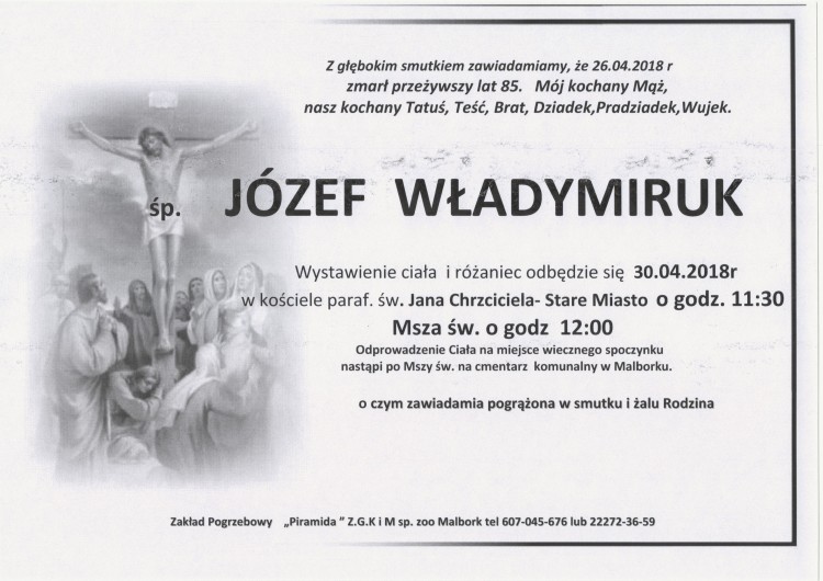 Zmarł Józef Władymiruk. Żył 85.