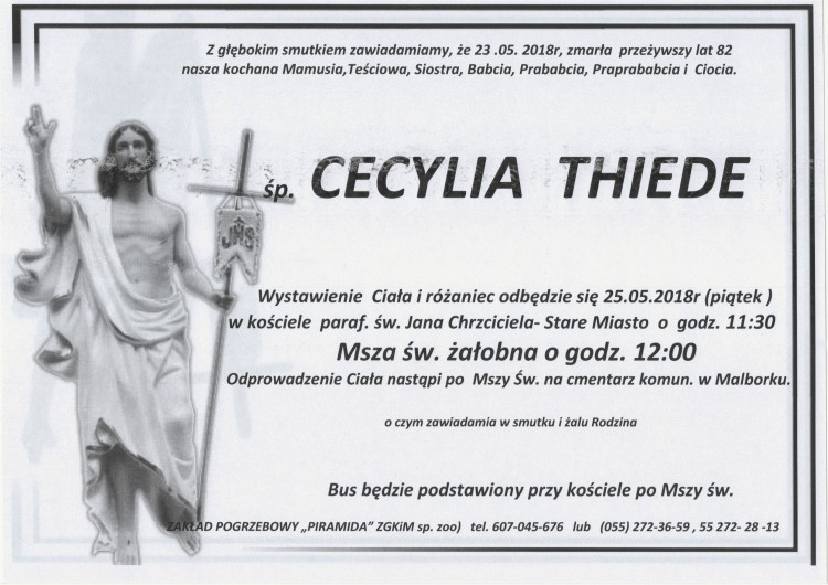 Zmarła Cecylia Thiede. Żyła 82 lat.