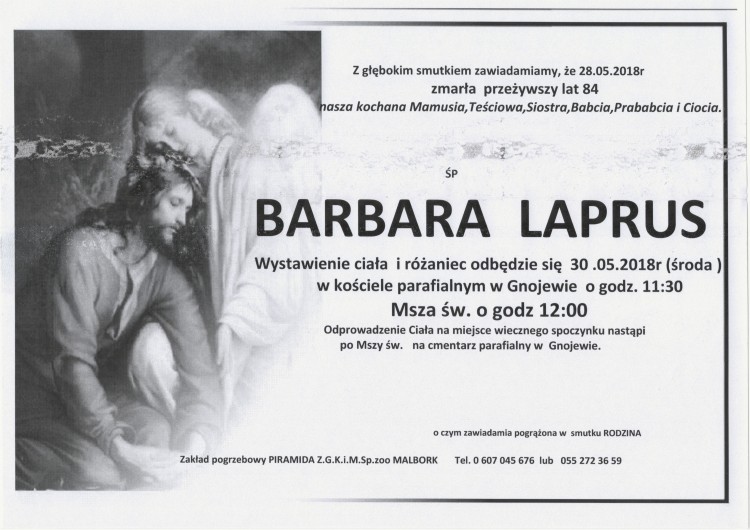 Zmarła Barbara Laprus. Żyła 84 lata.
