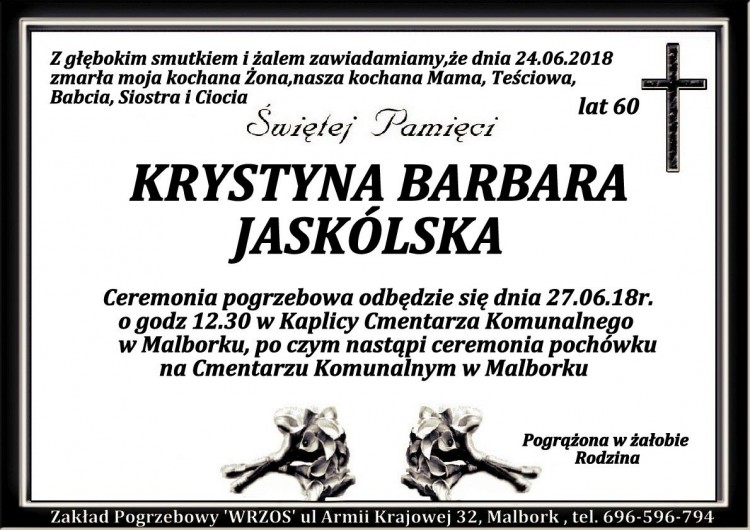 Zmarła Krystyna Barbara Jaskólska. Żyła 60 lat.