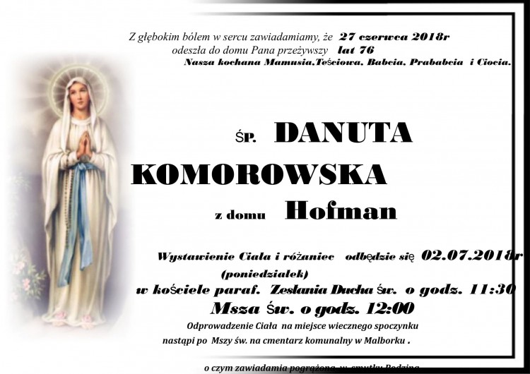Zmarła Danuta Komorowska. Żyła 76 lat.