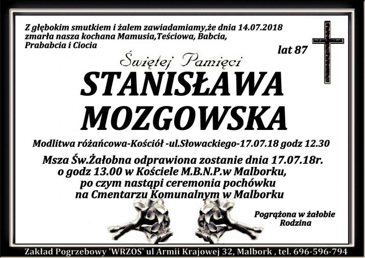 Zmarła Stanisława Mozgowska. Żyła 87 lat.