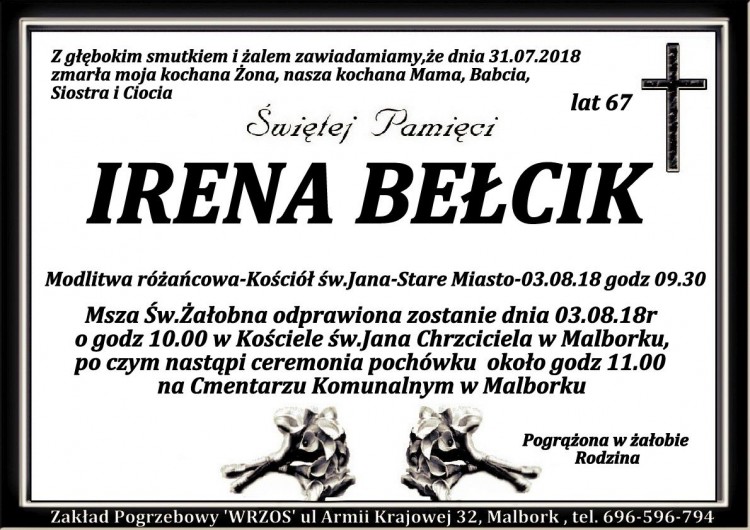 Irena Bełcik. Żyła 67 lat.