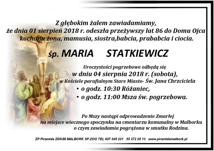 Zmarła Maria Statkiewicz. Żyła 86 lat.