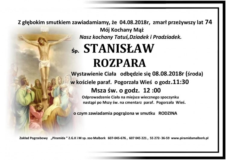 Zmarł Stanisław Rozpara. Żył 74 lata.