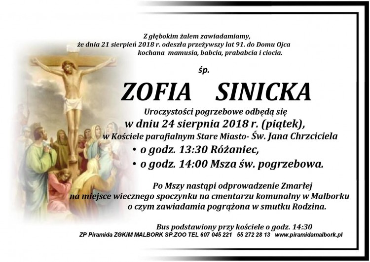 Zmarła Zofia Sinicka. Żyła 91 lat.