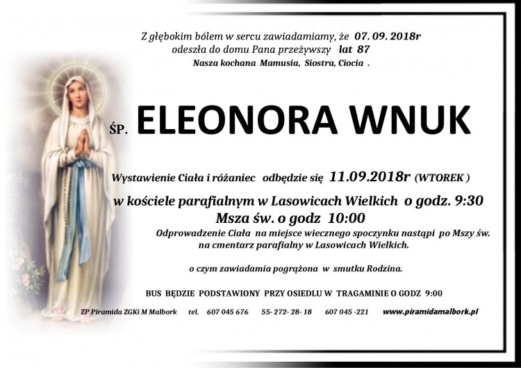 Zmarła Eleonora Wnuk. Żyła 87 lat.