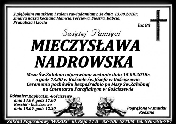 Zmarła Mieczysława Nadrowska. Żyła 83 lata.