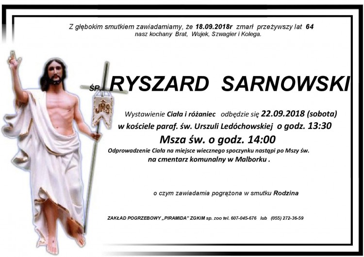 Zmarł Ryszard Sarnowski. Żył 64 lata.