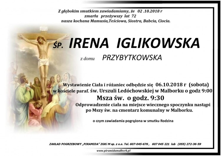Zmarła Irena Iglikowska. Żyła 72 lata.