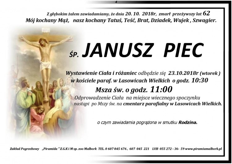 Zmarł Janusz Piec. Żył 62 lat.