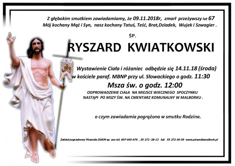 Zmarł Ryszard Kwiatkowski. Żył 67 lat.