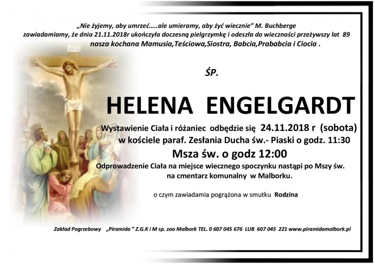 Zmarła Helena Engelgardt. Żyła 89 lat.