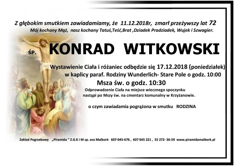 Zmarł Konrad Witkowski. Żył 72 lata.