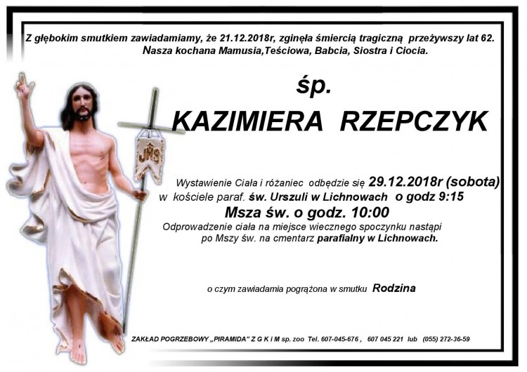 Zmarła Kazimiera Rzepczyk. Żyła 62 lata.
