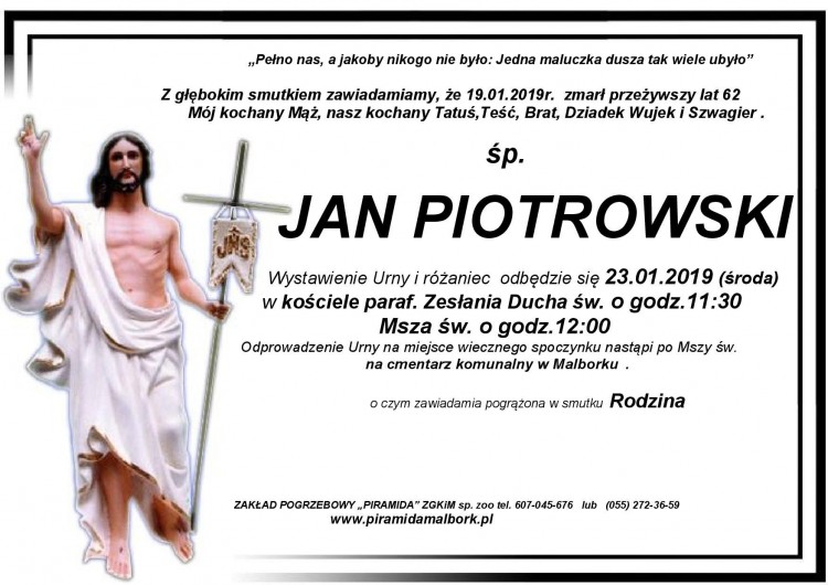 Zmarł Jan Piotrowski. Żył 62 lata.