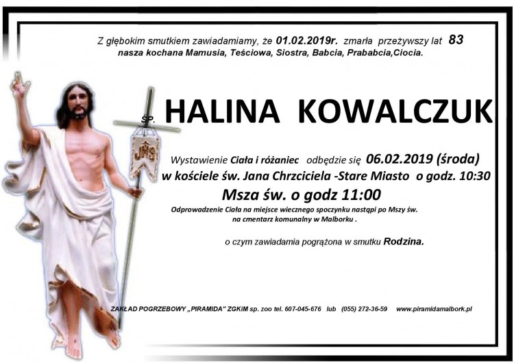 Zmarła Halina Kowalczuk. Żyła 83 lata.