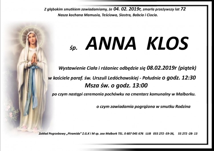 Zmarła Anna Klos. Żyła 72 lata.
