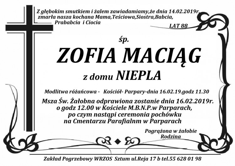 Zmarła Zofia Maciąg. Żyła 88 lat.