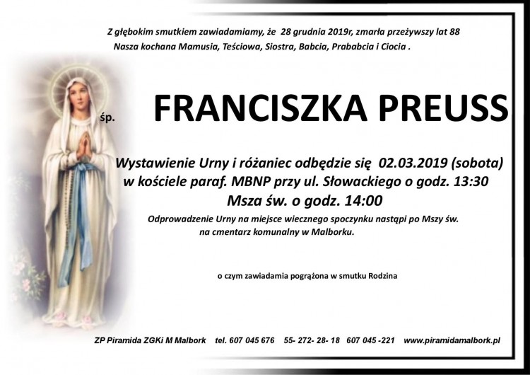 Zmarła Franciszka Preuss. Żyła 88 lat.