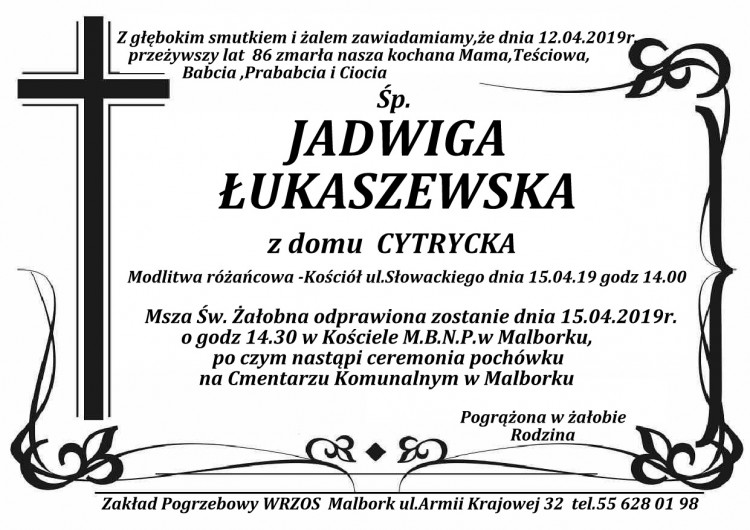 Zmarła Jadwiga Łukaszewska. Żyła 86 lat