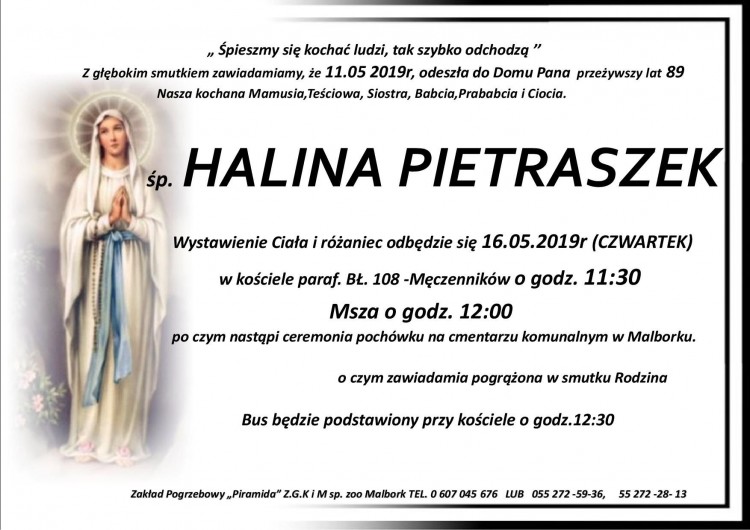Zmarła Halina Pietraszek. Żyła 89 lat.