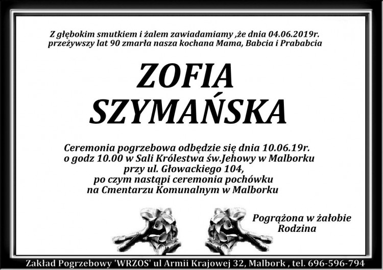 Zmarła Zofia Szymańska. Żyła 90 lat.