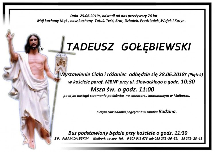 Zmarł Tadeusz Gołębiewski. Żył 76 lat.