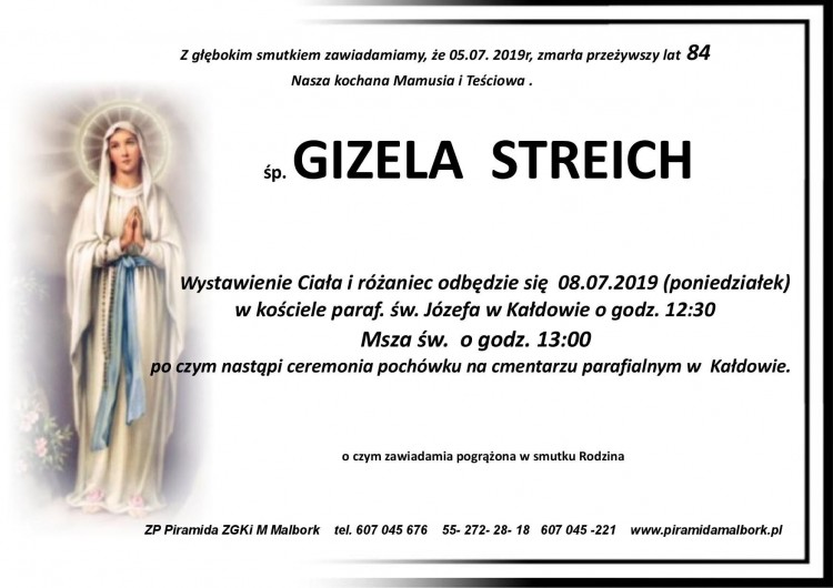 Zmarła Gizela Streich. Żyła 84 lata