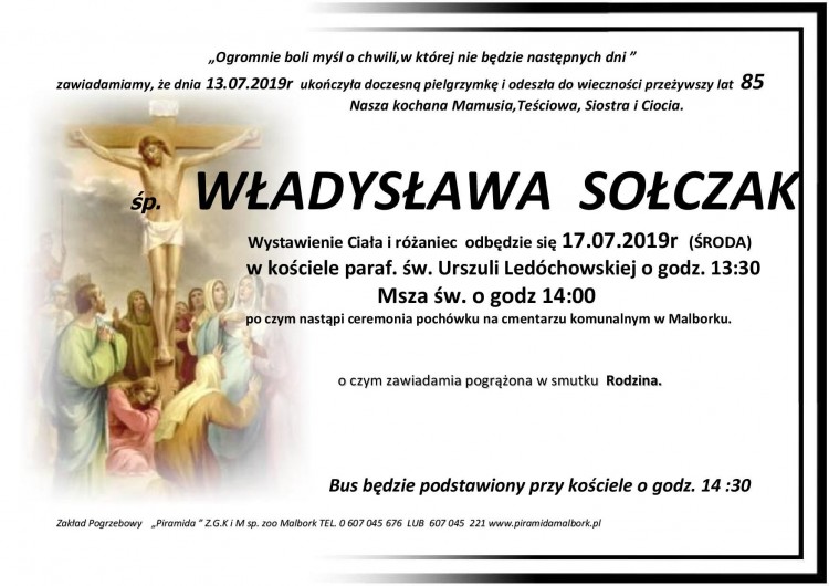 Zmarła Władysława Sołczak. Żyła 85 lat.