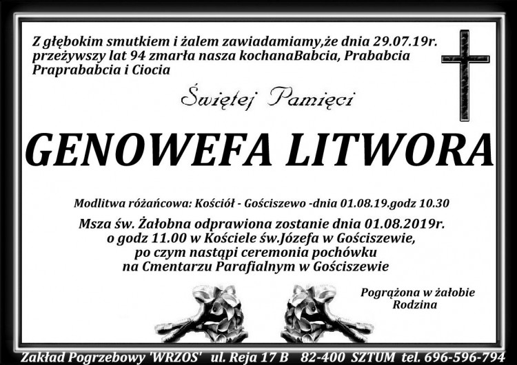 Zmarła Genowefa Litwora. Żyła 94 lata.