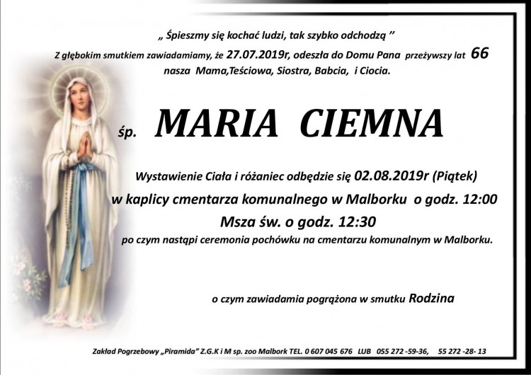 Zmarła Maria Ciemna. Żyła 66 lat