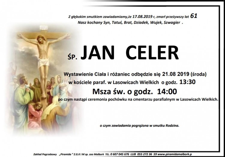 Zmarł Jan Celer. Żył 61 lat.