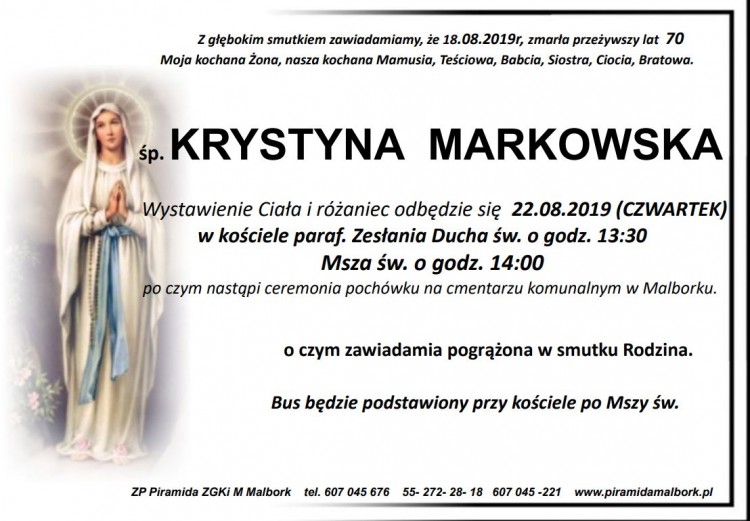 Zmarła Krystyna Markowska. Żyła 70 lat.