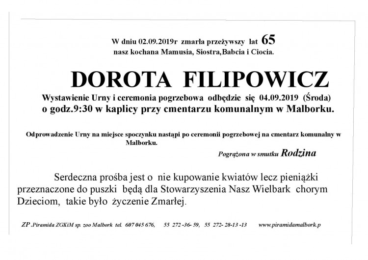 Zmarła Dorota Filipowicz. Żyła 65 lat.
