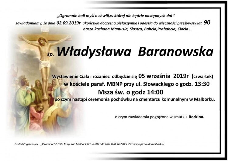 Zmarła Władysława Baranowska. Żyła 90 lat.
