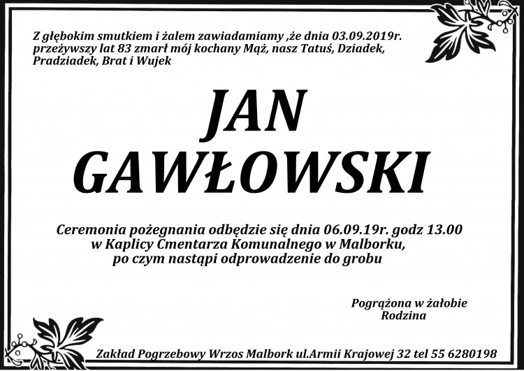 Zmarł Jan Gawłowski. Żył 83 lata.