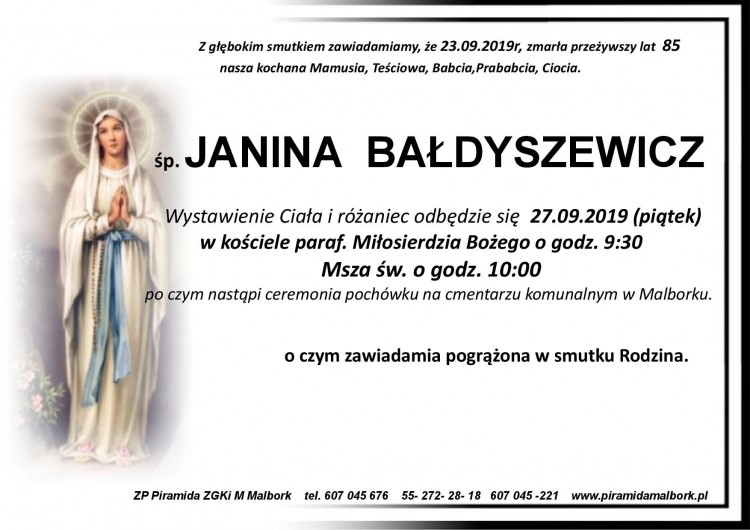 Zmarła Janina Bałdyszewicz. Żyła 85 lata.