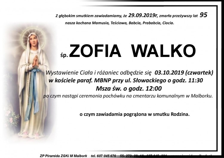 Zmarła Zofia Walko. Żyła 95 lat.