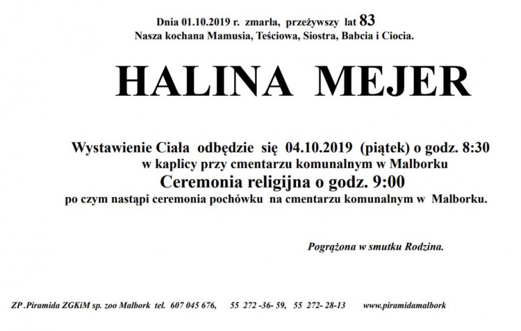 Zmarła Halina Mejer. Żyła 83 lata.