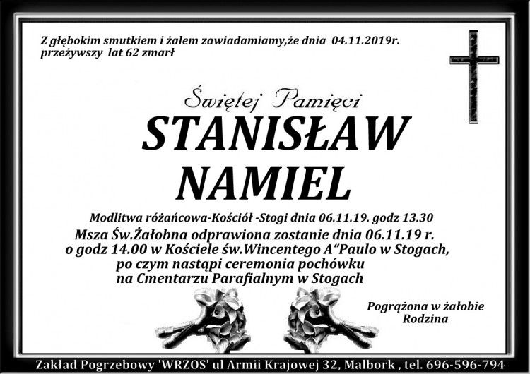 Zmarł Stanisław Namiel. Żył 62 lata.