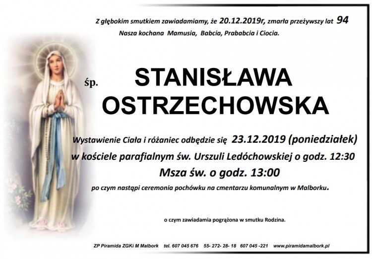 Zmarła Stanisława Ostrzechowska. Żyła 94 lata. 
