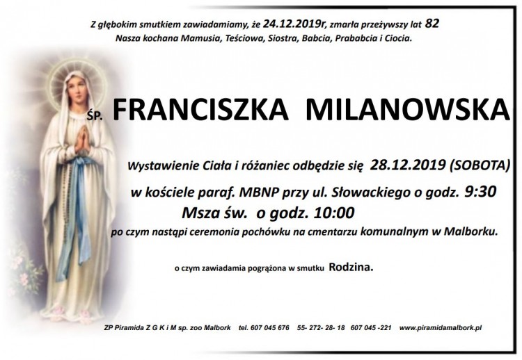 Zmarła Franciszka Milanowska. Żyła 82 lata.