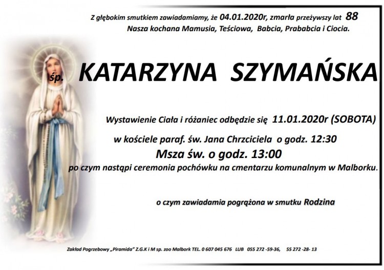 Zmarła Katarzyna Szymańska. Żyła 88 lat.