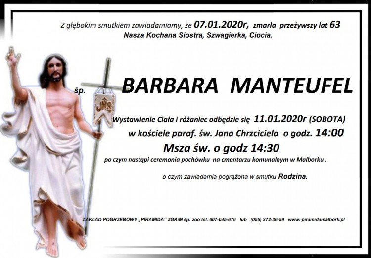 Zmarła Barbara Manteufel. Żyła 63 lata.