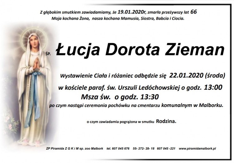 Zmarła Łucja Dorota Zieman. Żyła 66 lat.