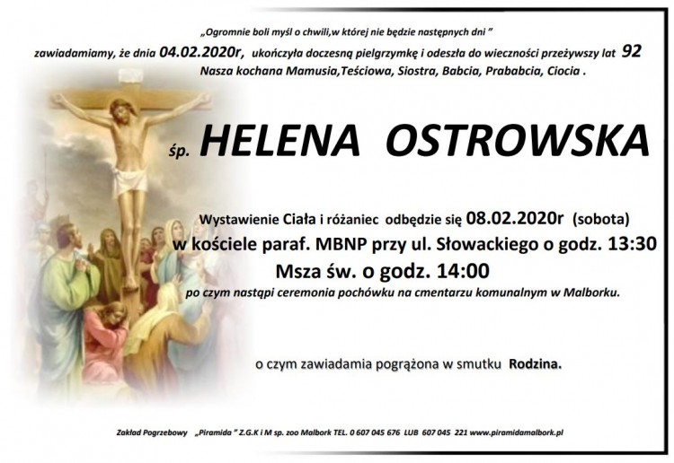 Zmarła Helena Ostrowska. Żyła 92 lata.